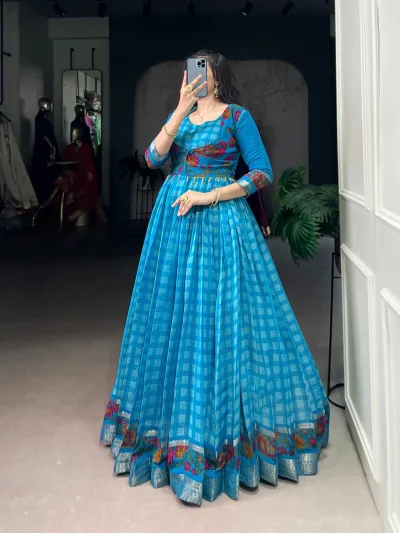 Elegant Printed Koti with Chanderi Style Flared Gown